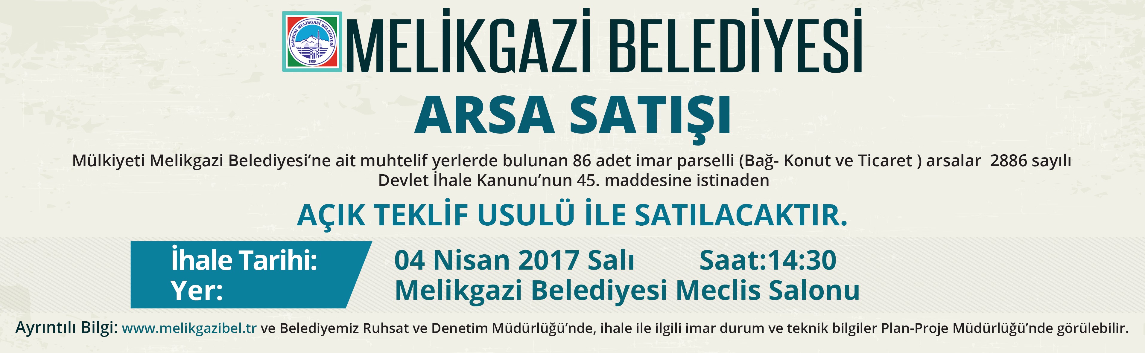 Melikgazi Belediyesinden arsa satışı