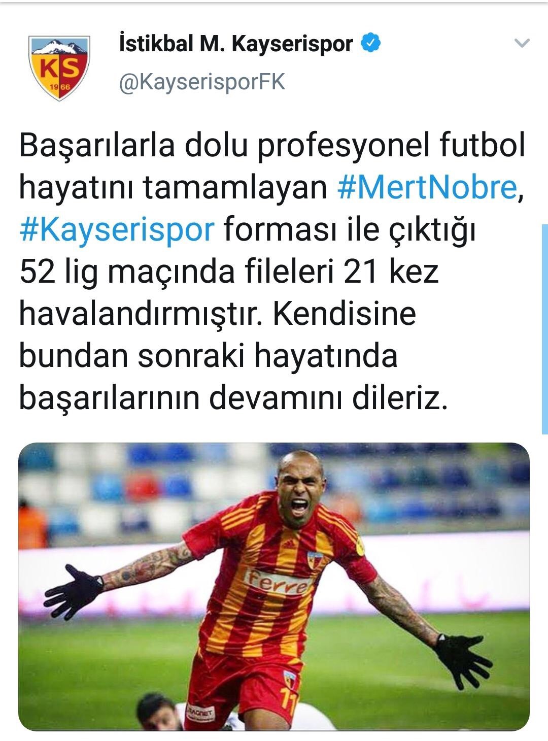 Kayserispor’dan Mert Nobre’ye teşekkür