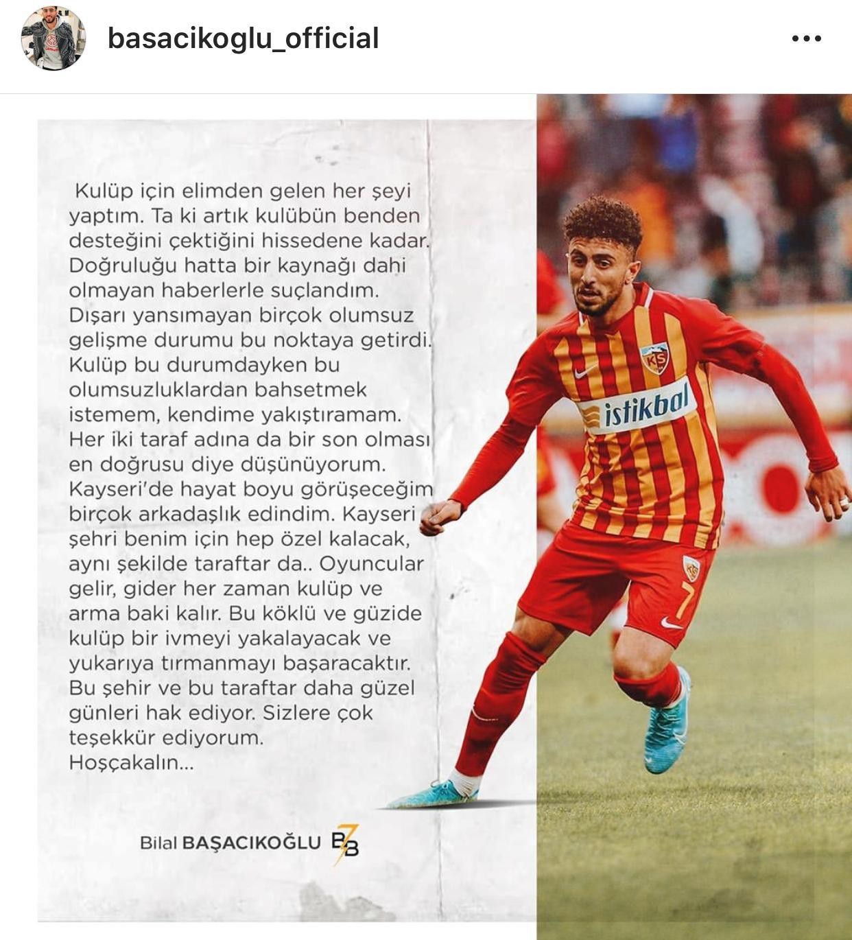 Bilal Başacıkoğlu, Kayserispor’a veda etti