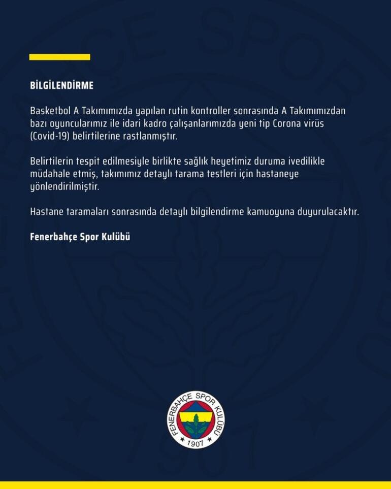 FENERBAHÇELİ BASKETBOLCULARDA KORONAVİRÜS ÇIKTI