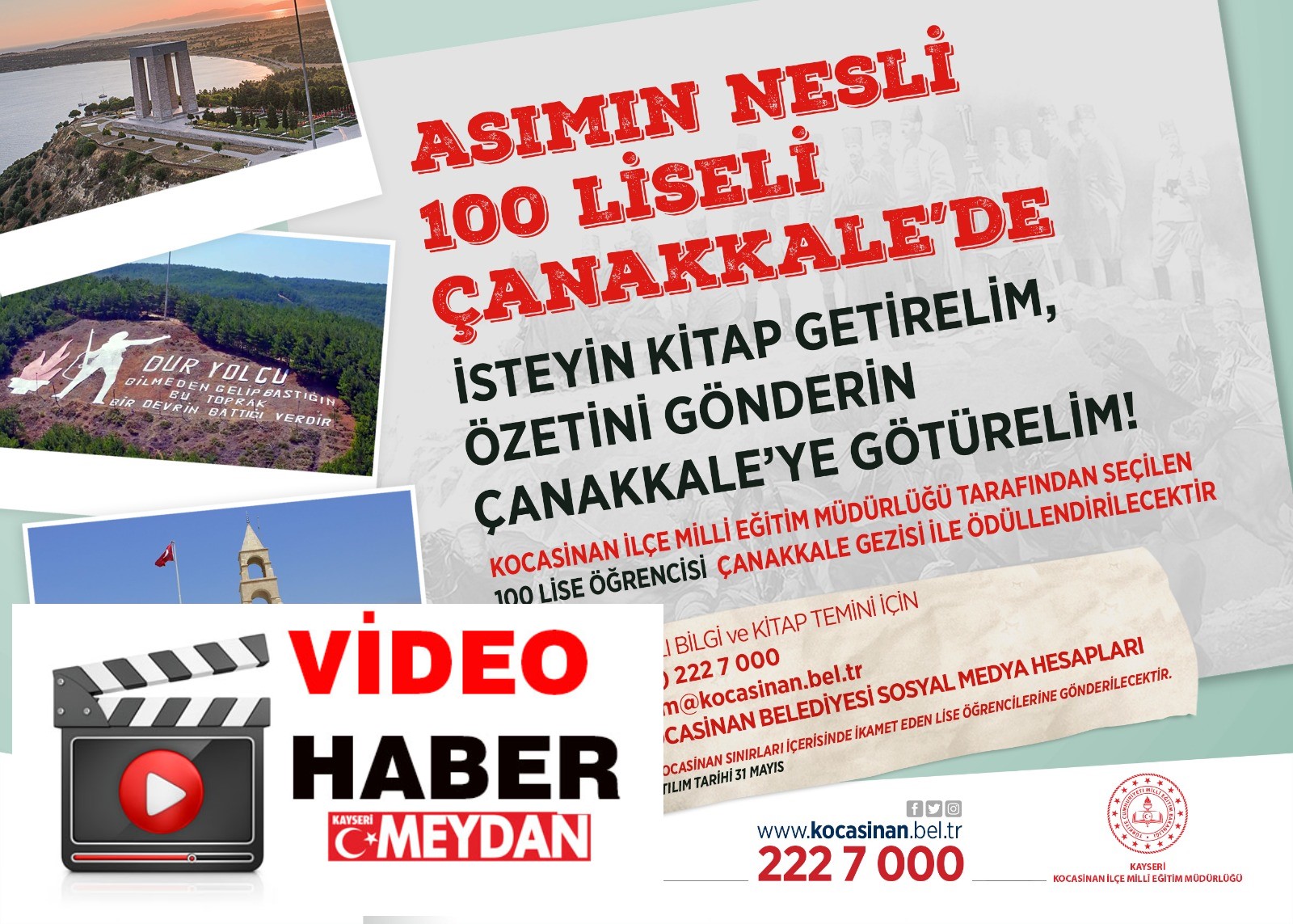 KOCASİNAN,  KİTAP OKUYAN GENÇLERİ ÇANAKKALE GEZİSİYLE ÖDÜLLENDİRECEK