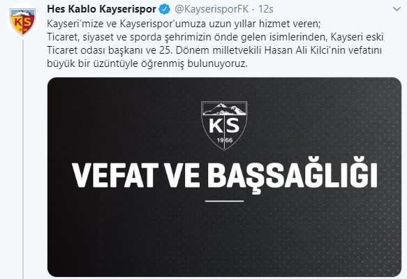 Kayserispor’dan Kilci ailesine başsağlığı mesajı