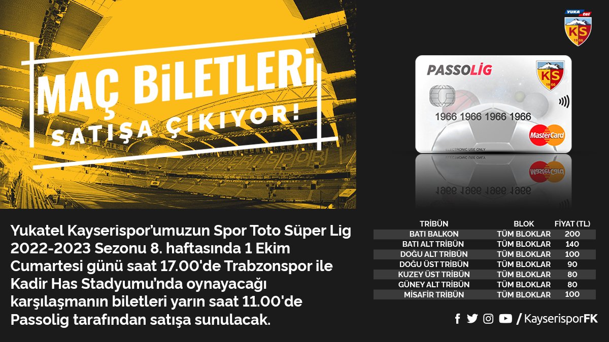 KAYSERİSPOR – TRABZONSPOR MAÇ BİLETİ SATIŞA ÇIKTI