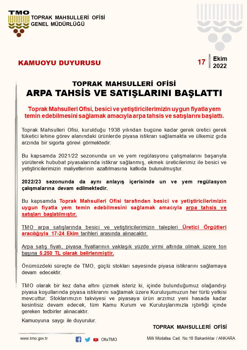 TMO ARPA TAHSİS VE SATIŞLARINI BAŞLATTI