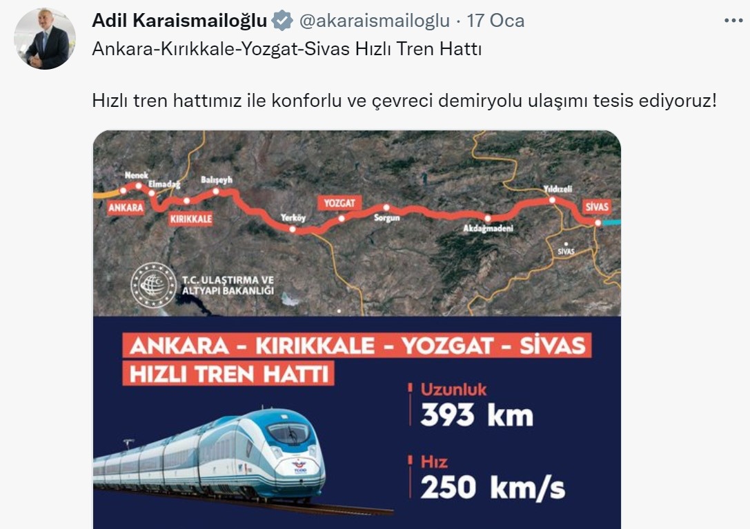 ULAŞTIRMA BAKANI KARAİSMAİLOĞLU’NDAN HIZLI TREN PAYLAŞIMI